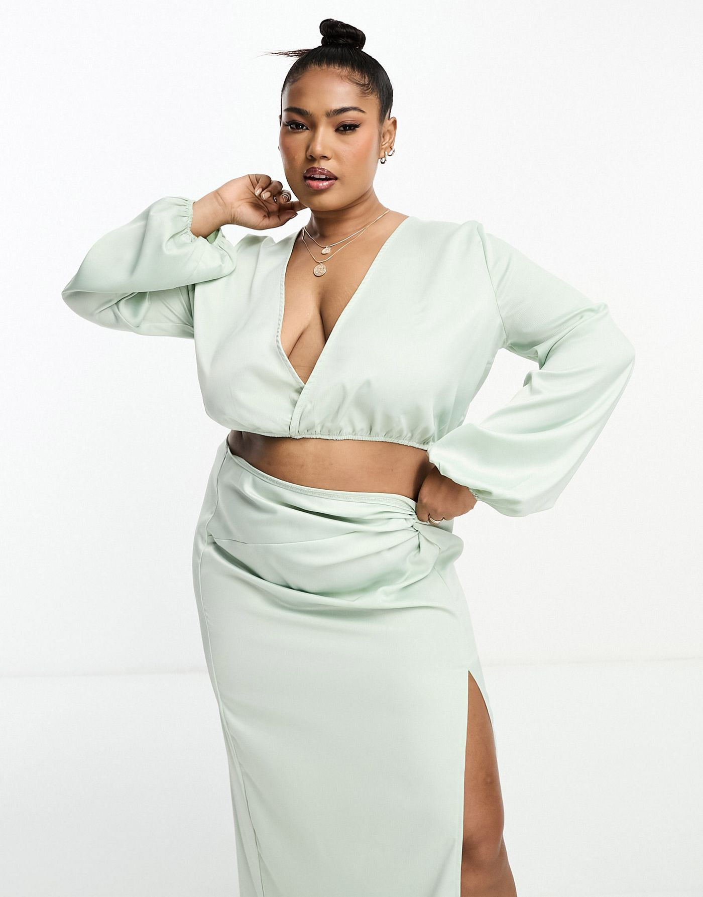 In The Style Plus exclusive satin twist front volume sleeve blouse co-ord in pale green