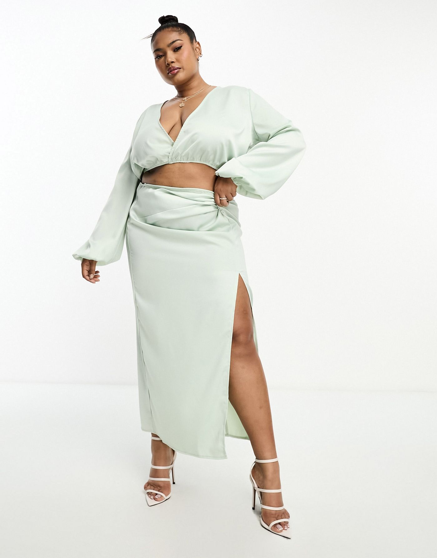 In The Style Plus exclusive satin twist front volume sleeve blouse co-ord in pale green