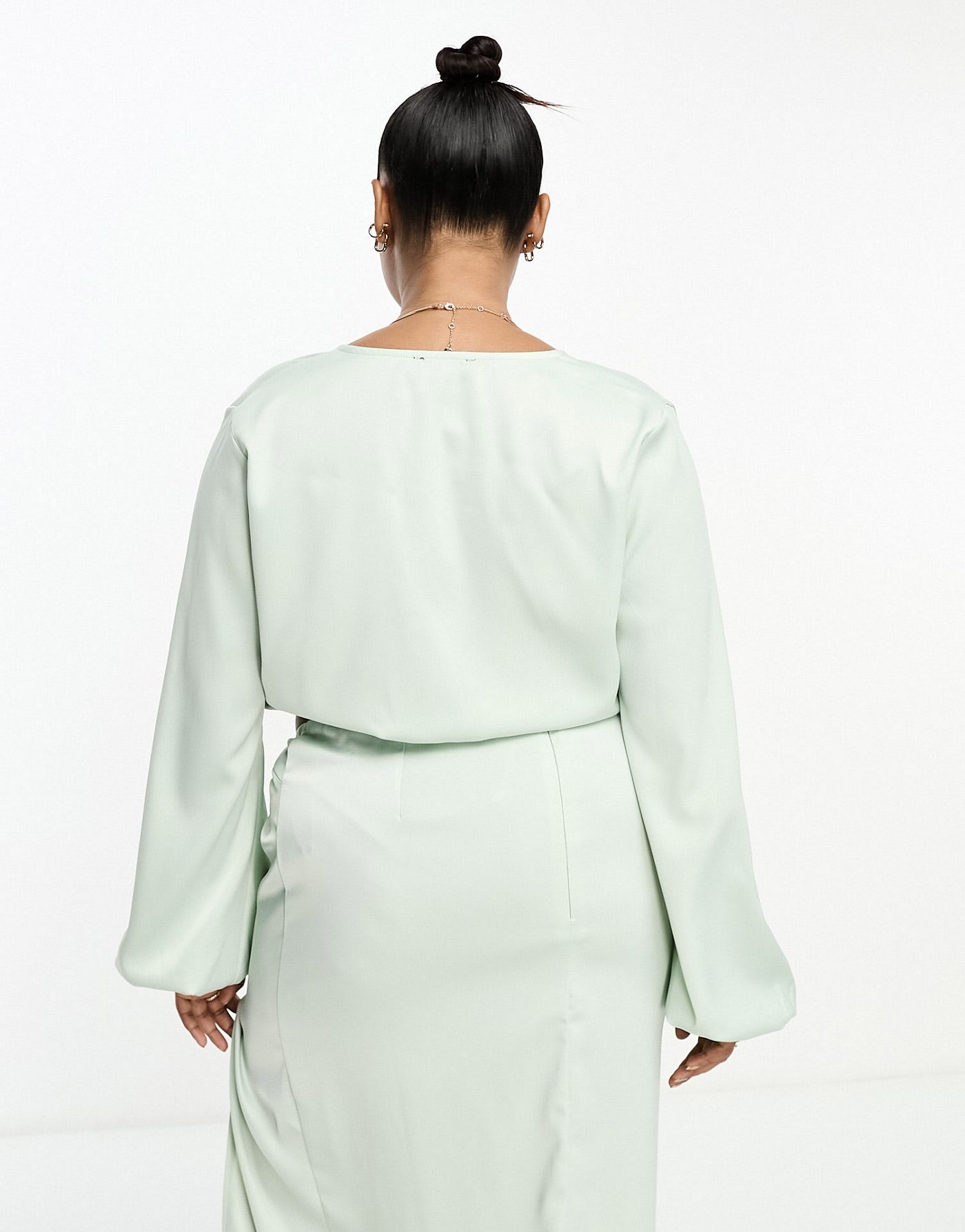 In The Style Plus exclusive satin twist front volume sleeve blouse co-ord in pale green