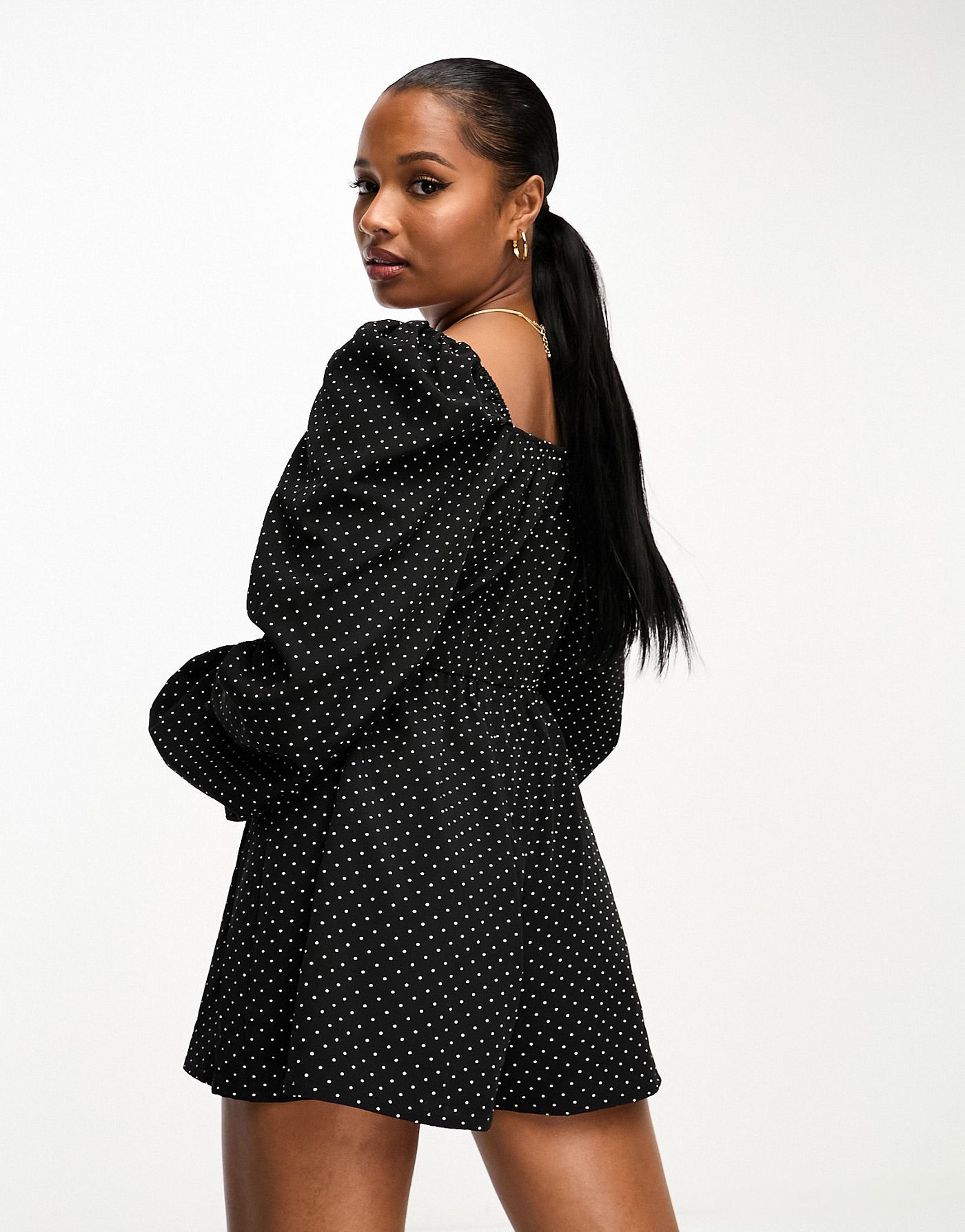 In The Style Petite volume sleeve playsuit in black spot print