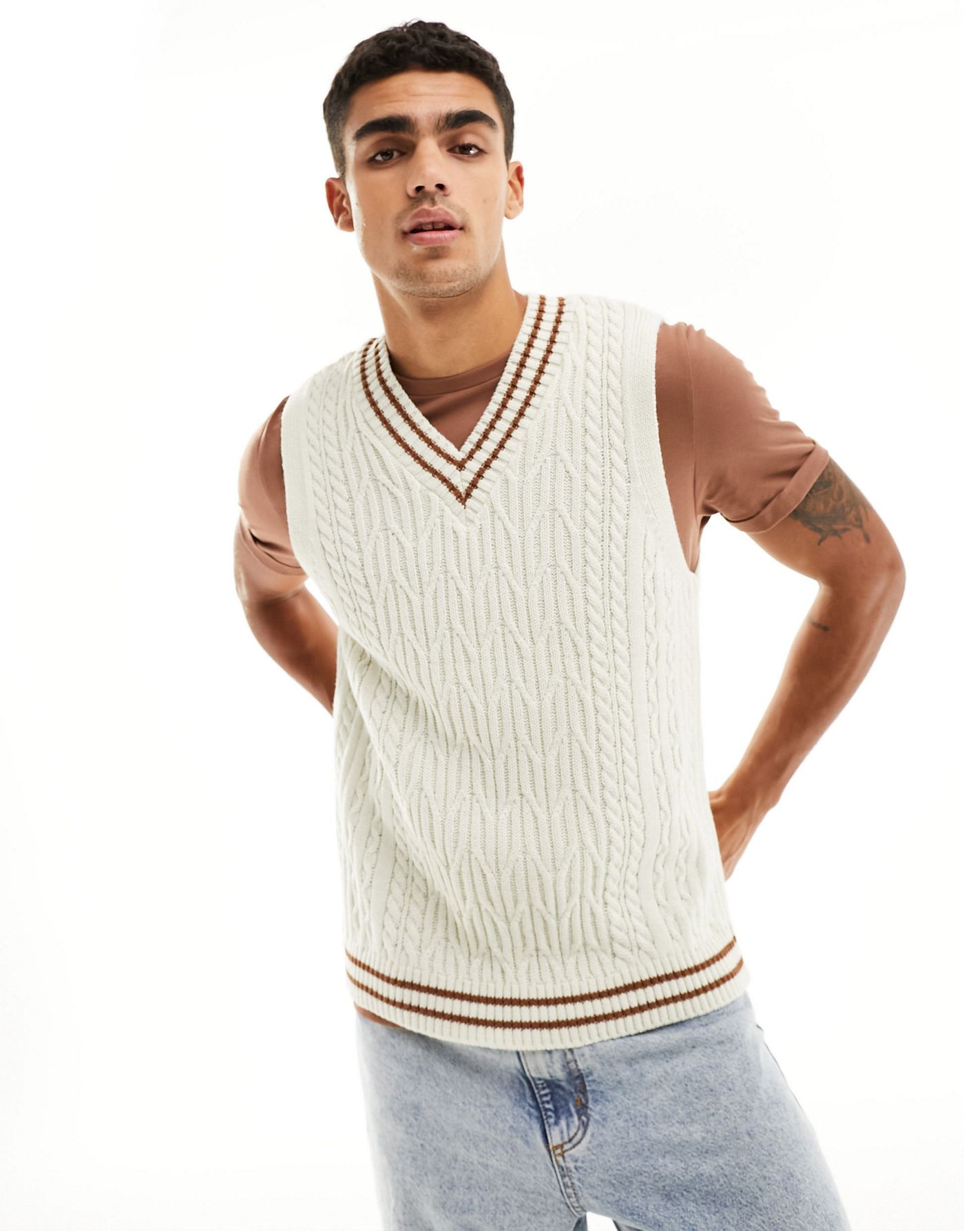 ASOS DESIGN oversized knitted cable cricket tank in cream