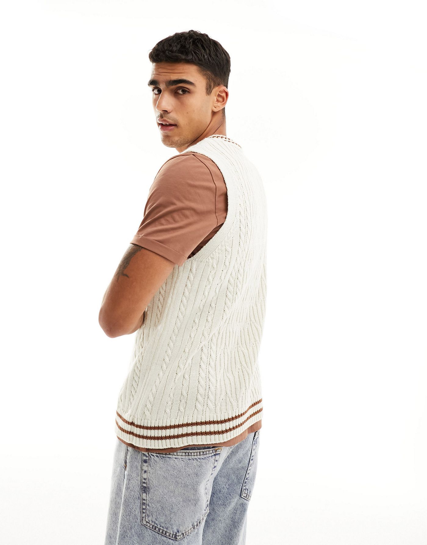 ASOS DESIGN oversized knitted cable cricket tank in cream