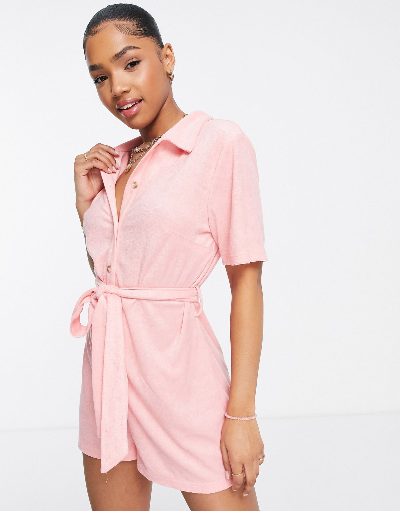 Urban Threads beach towelling playsuit in pink