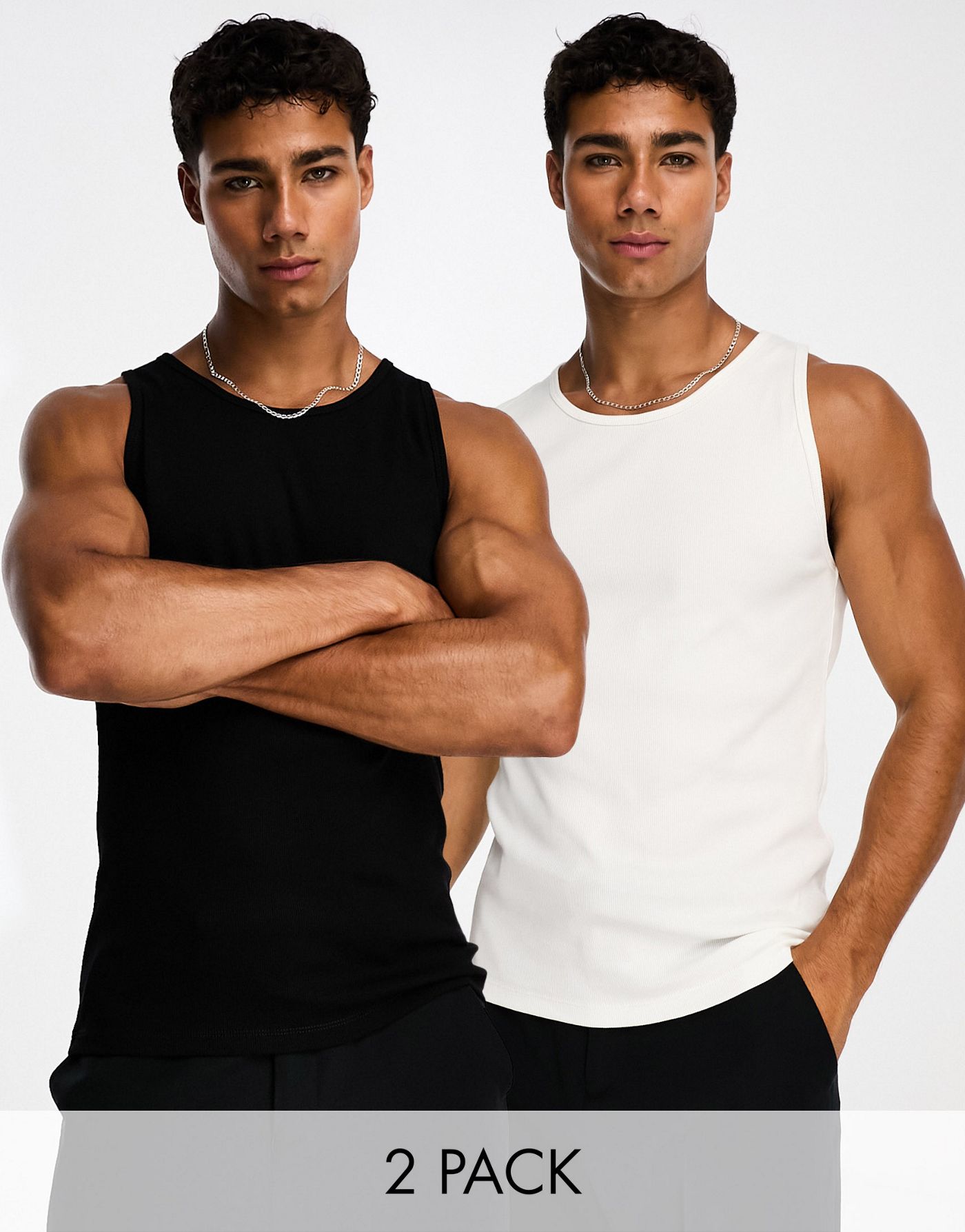 ASOS DESIGN 2 pack muscle rib vest with crew neck in black and white