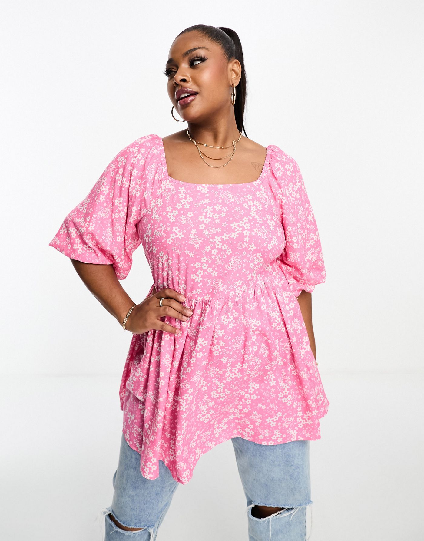 Yours tie back puff sleeve peplum top in pink ditsy floral 