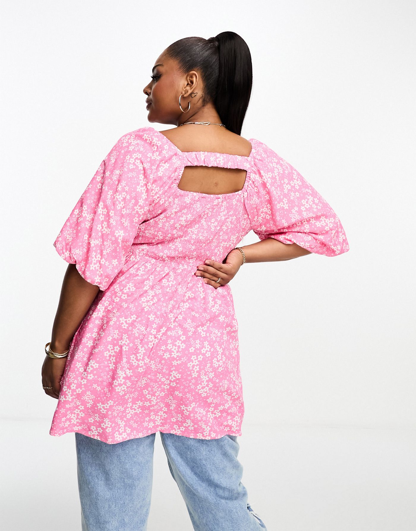 Yours tie back puff sleeve peplum top in pink ditsy floral 