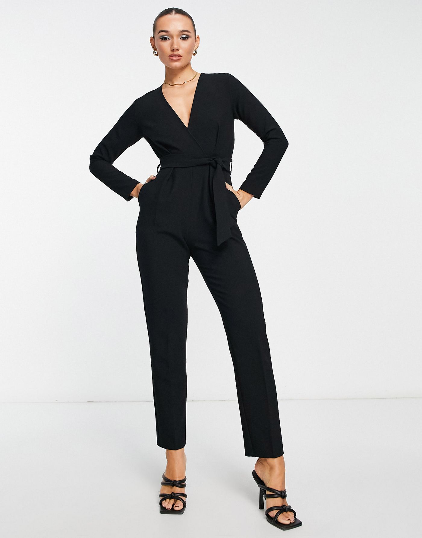 Closet London tie waist kimono jumpsuit in black