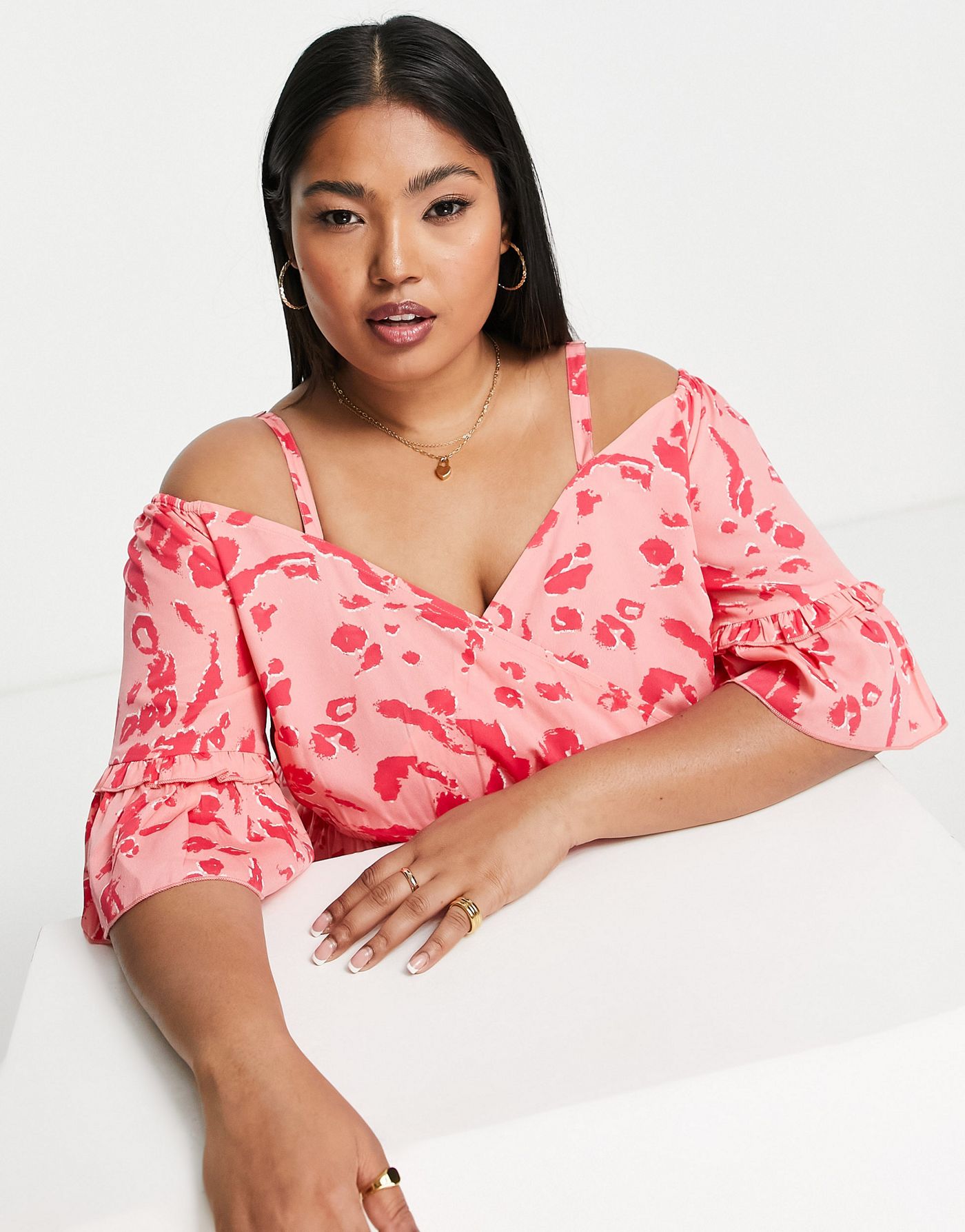 Yours cold shoulder blouse with frill detail in pink animal print