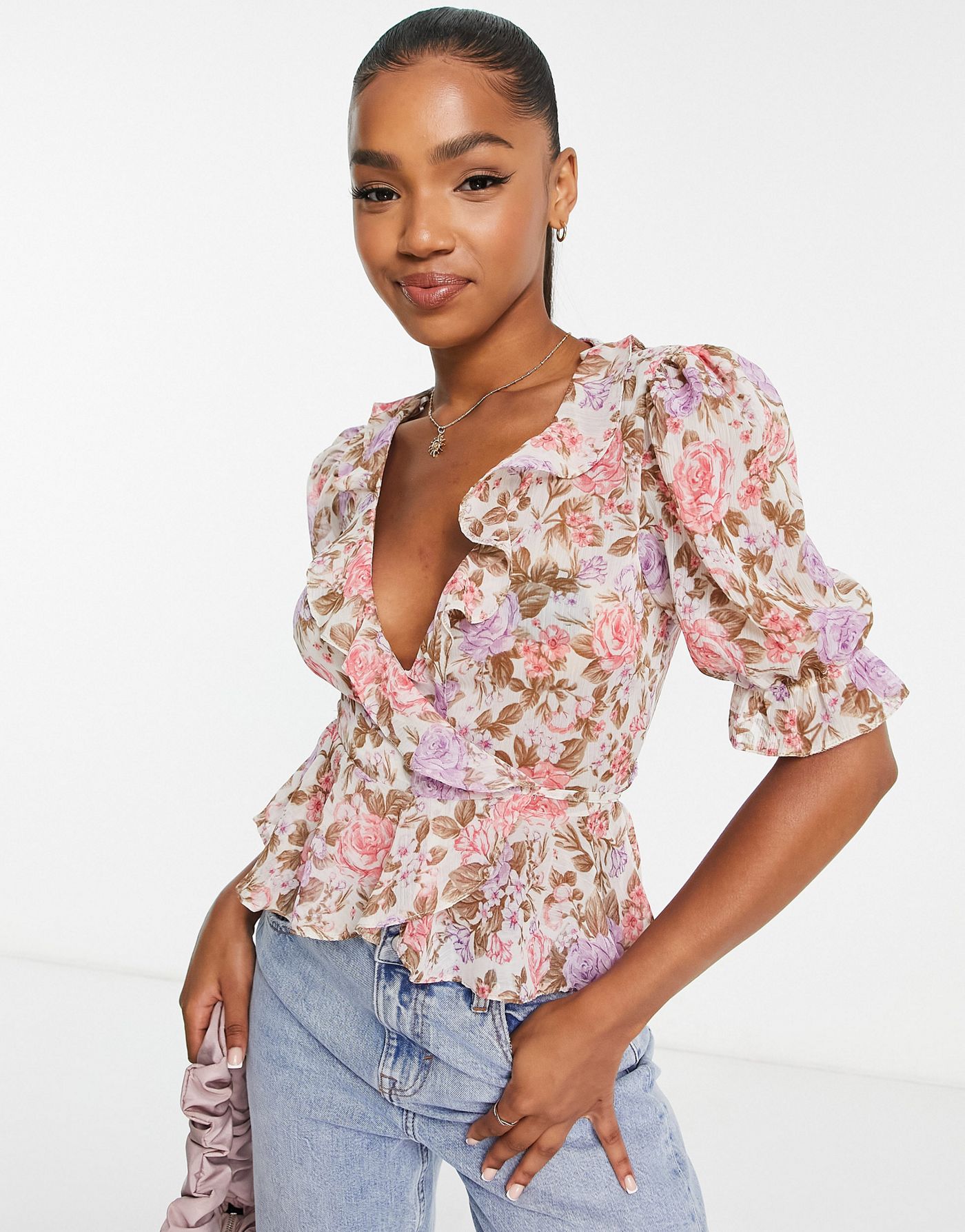 New Look wrap blouse with frill detail in pink floral