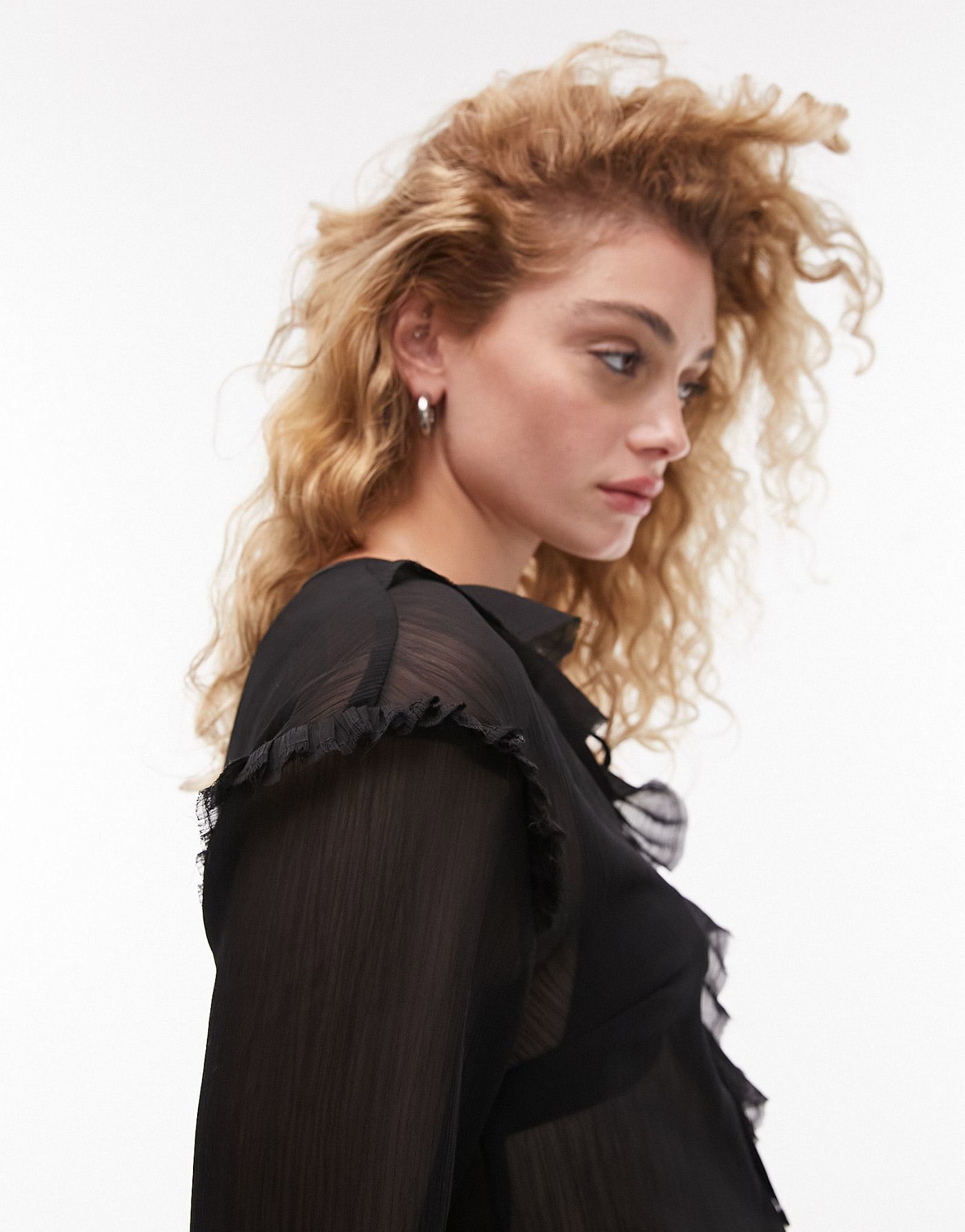 Topshop long sleeve ruffle front top in black 