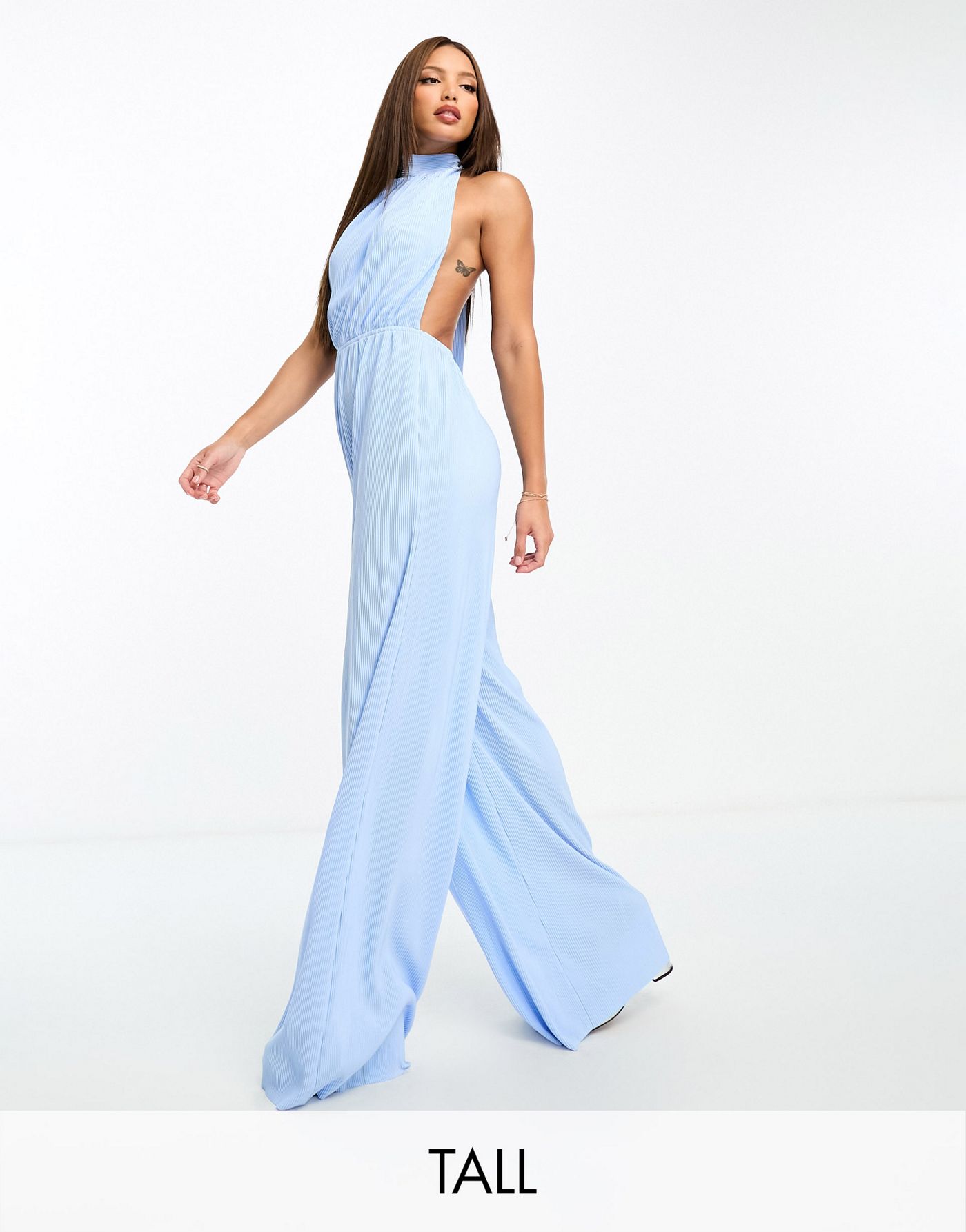 Extro & Vert Tall plisse halterneck extreme wide leg pleated jumpsuit in baby blue