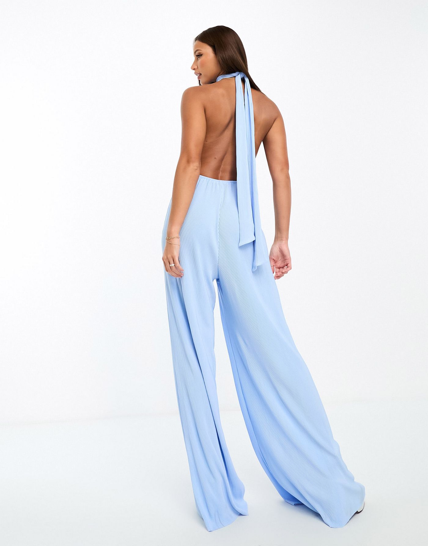 Extro & Vert Tall plisse halterneck extreme wide leg pleated jumpsuit in baby blue