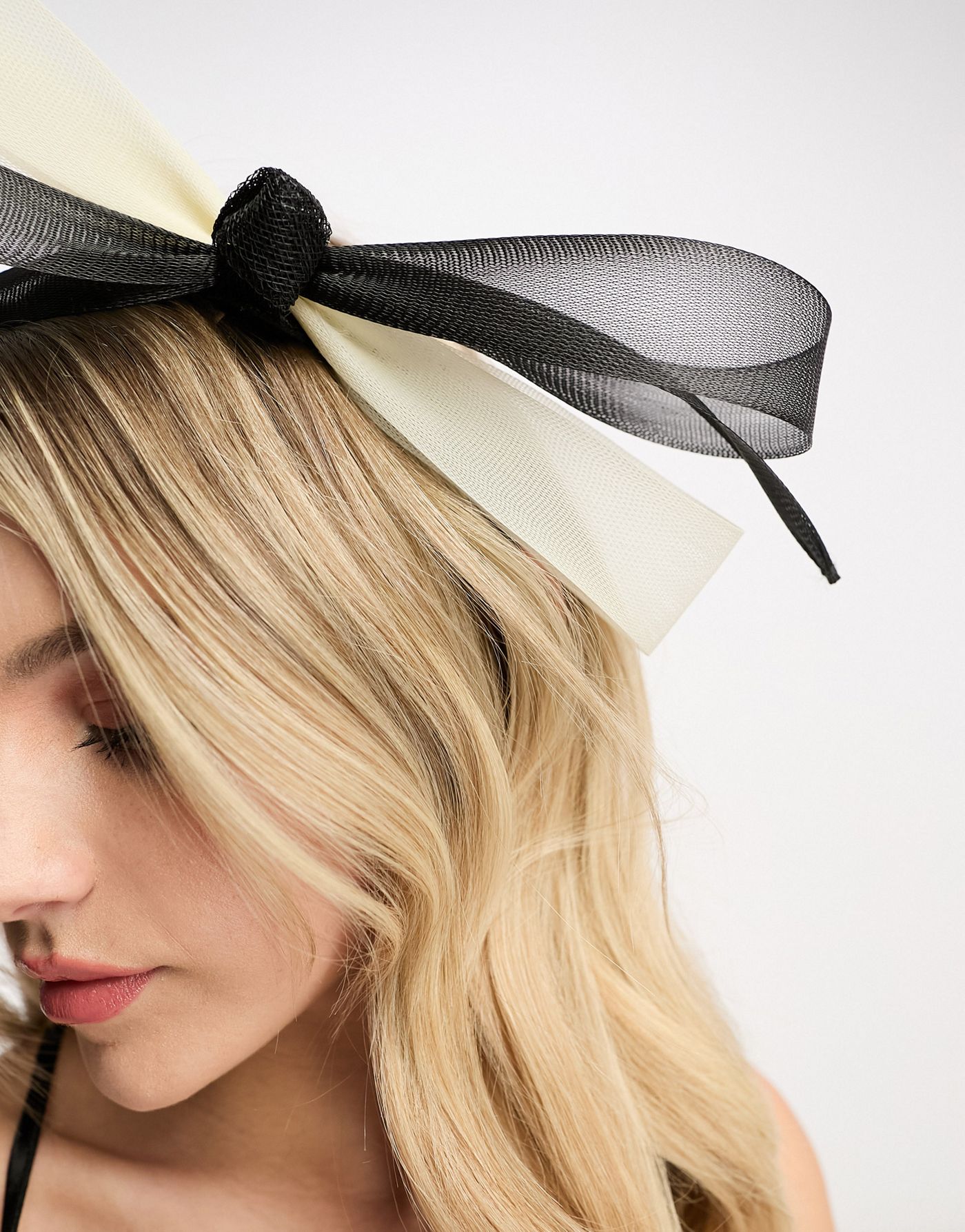 My Accessories London bow fascinator headband in black and cream mesh