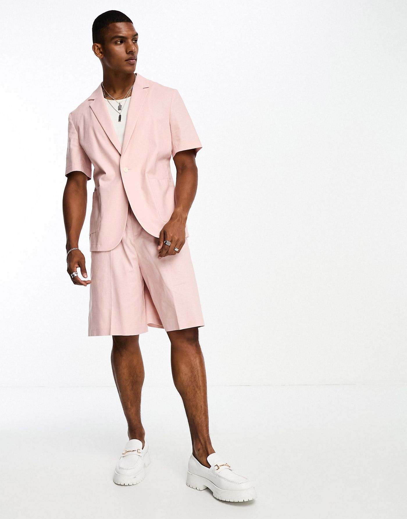 ASOS DESIGN short sleeved linen mix suit jacket in pink