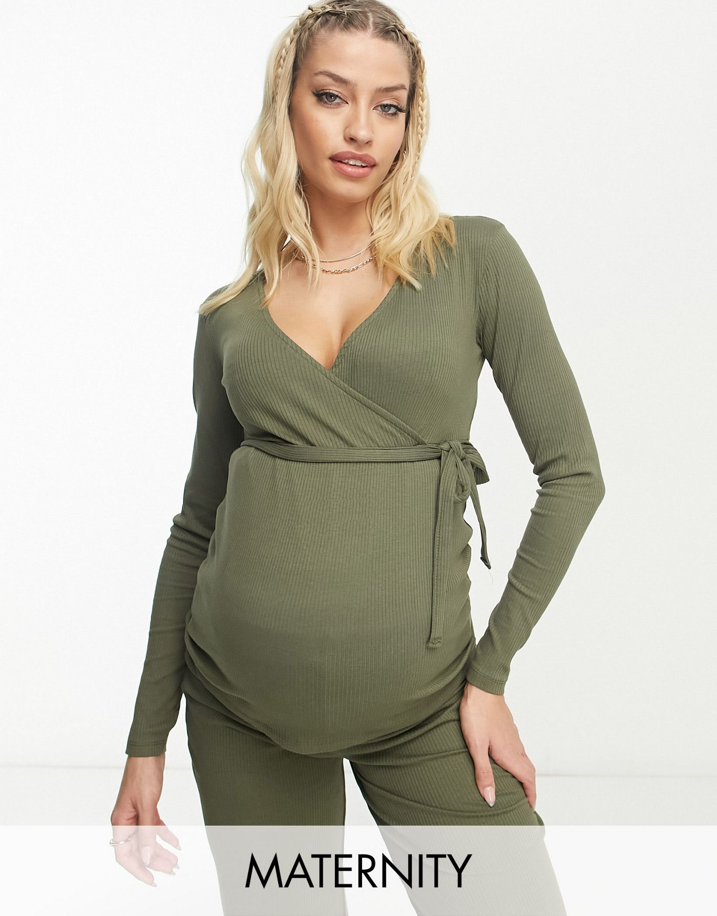 Mamalicious Maternity ribbed tie detail top co-ord in khaki green