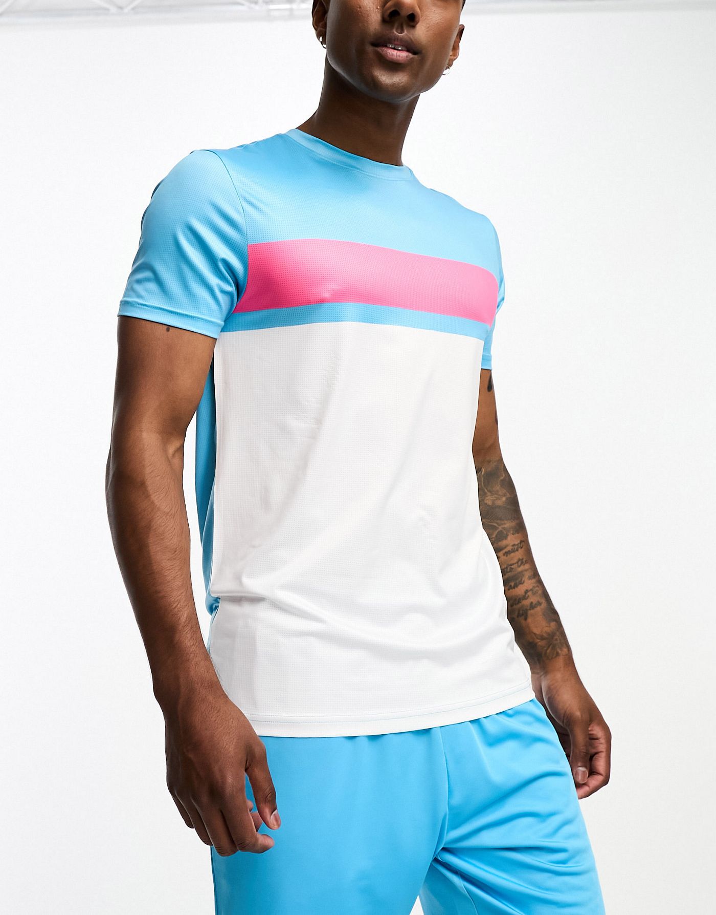 Threadbare Fitness tennis t-shirt & short set in white & turquoise