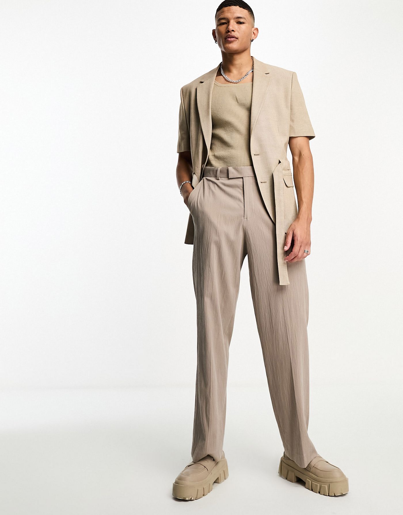 ASOS DESIGN short sleeved belted suit jacket in light brown