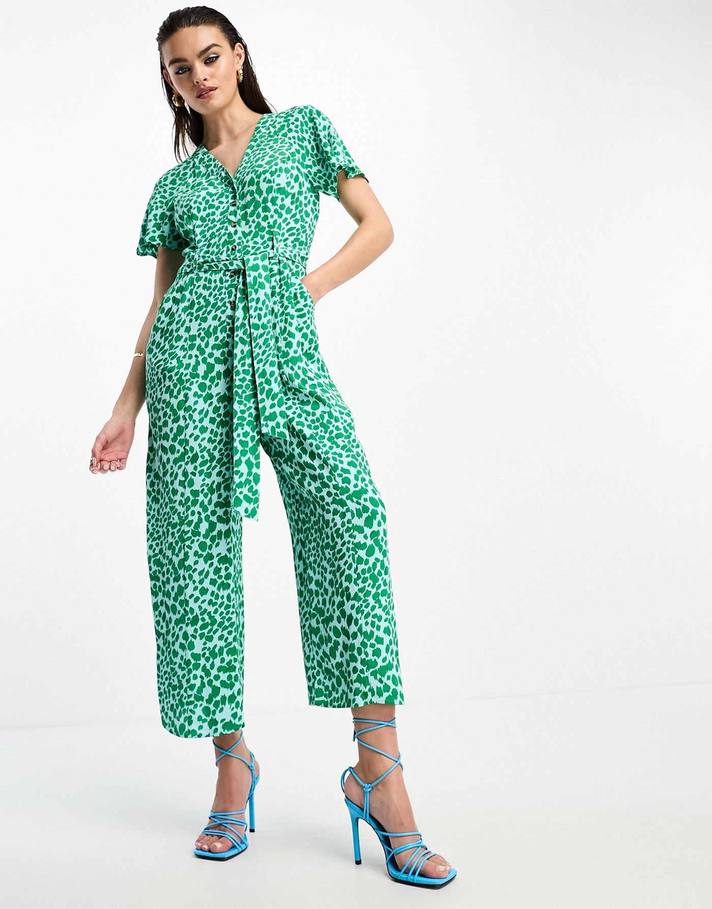Whistles leopard shirred jumpsuit in green
