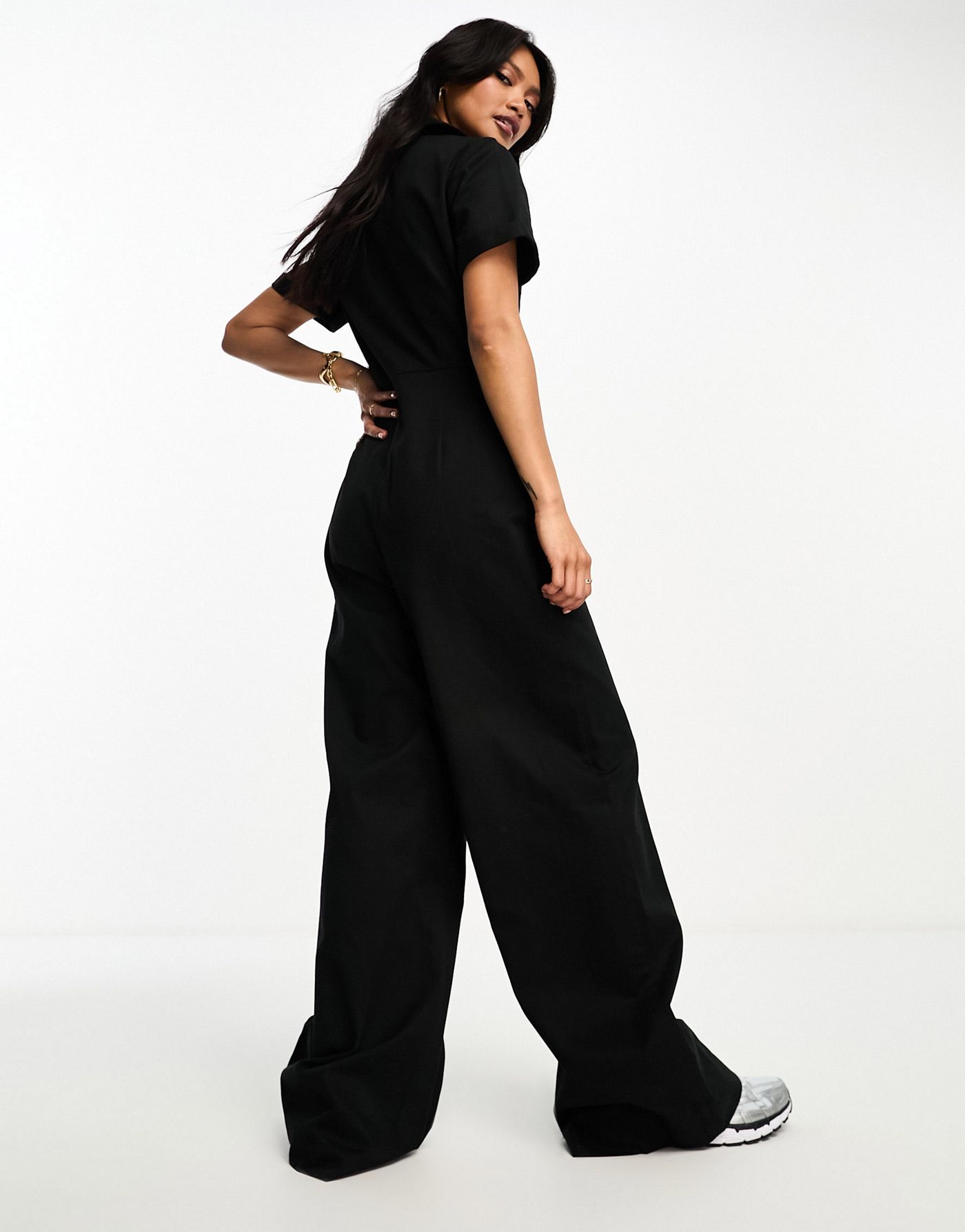 ASOS DESIGN twill collared jumpsuit with wide leg in black