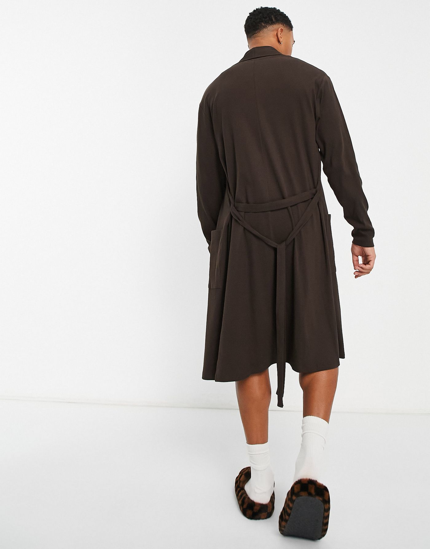 ASOS DESIGN lounge dressing gown in tonal cotton rib in brown