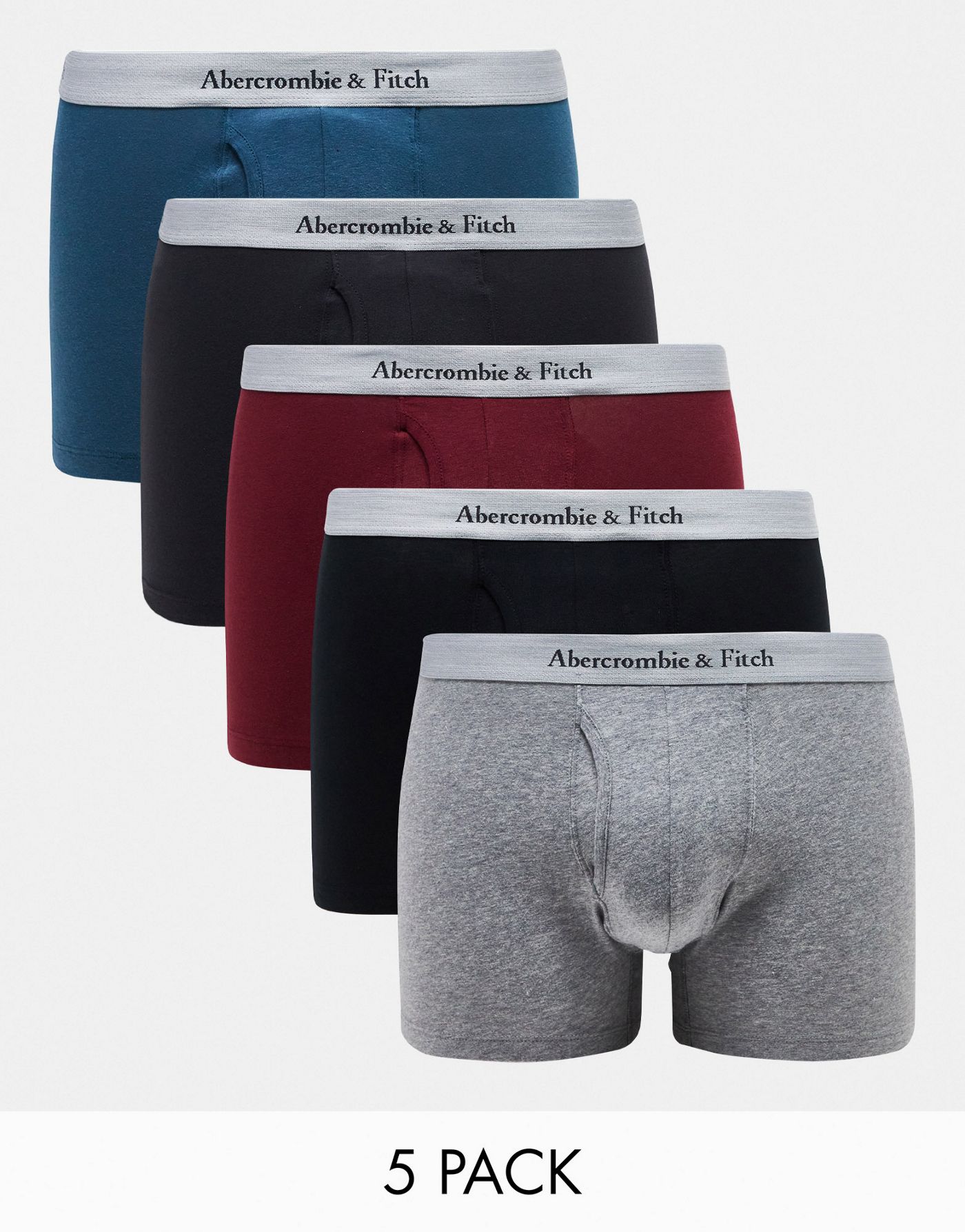 Abercrombie & Fitch 5 pack contrast logo waistband trunks in burgundy/blue/black/greys