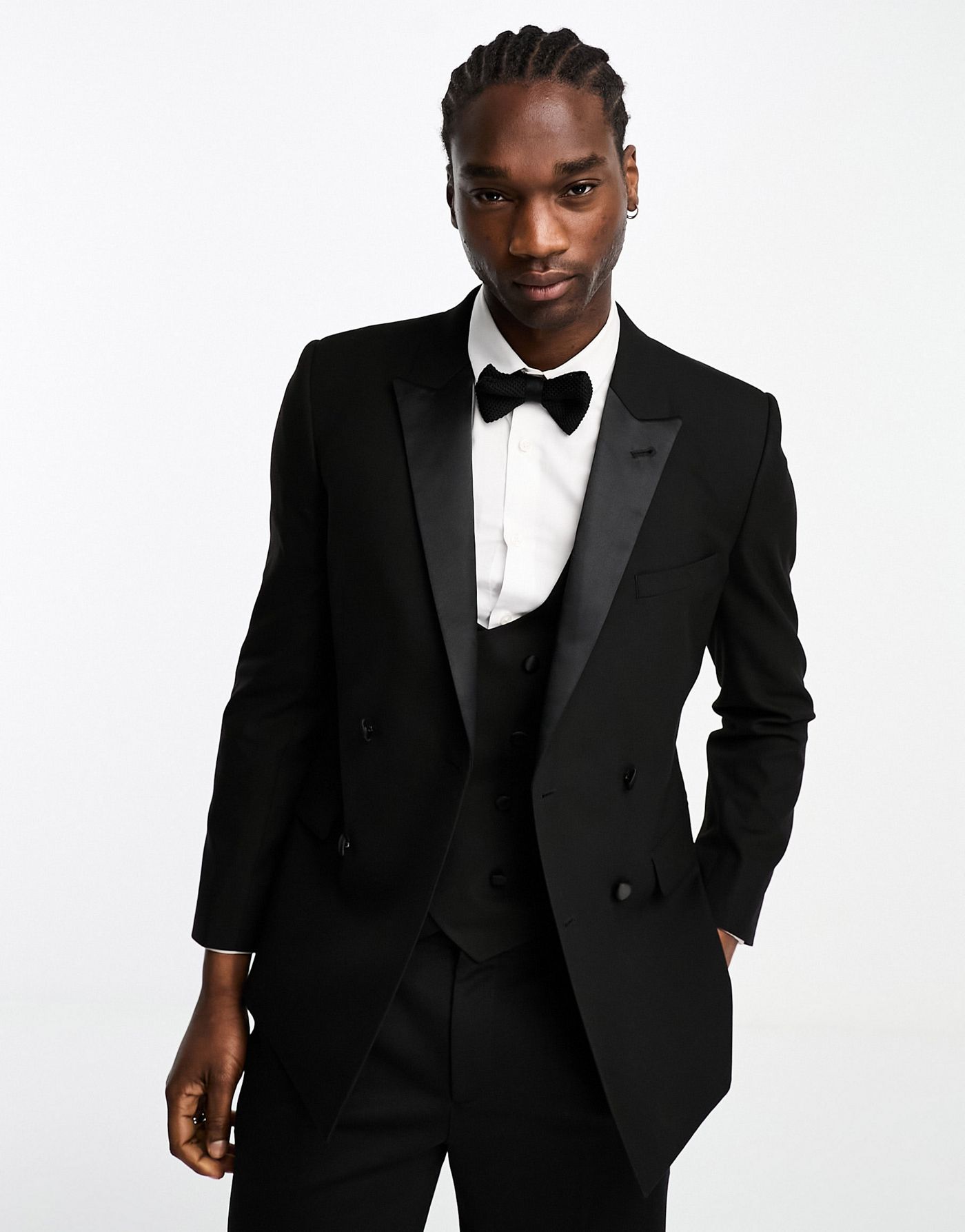 ASOS DESIGN skinny double breasted tuxedo suit jacket in black