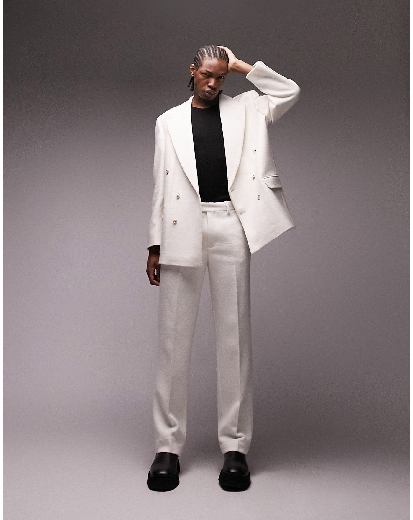 Topman Premium boxy oversized wool mix teddy suit jacket in white