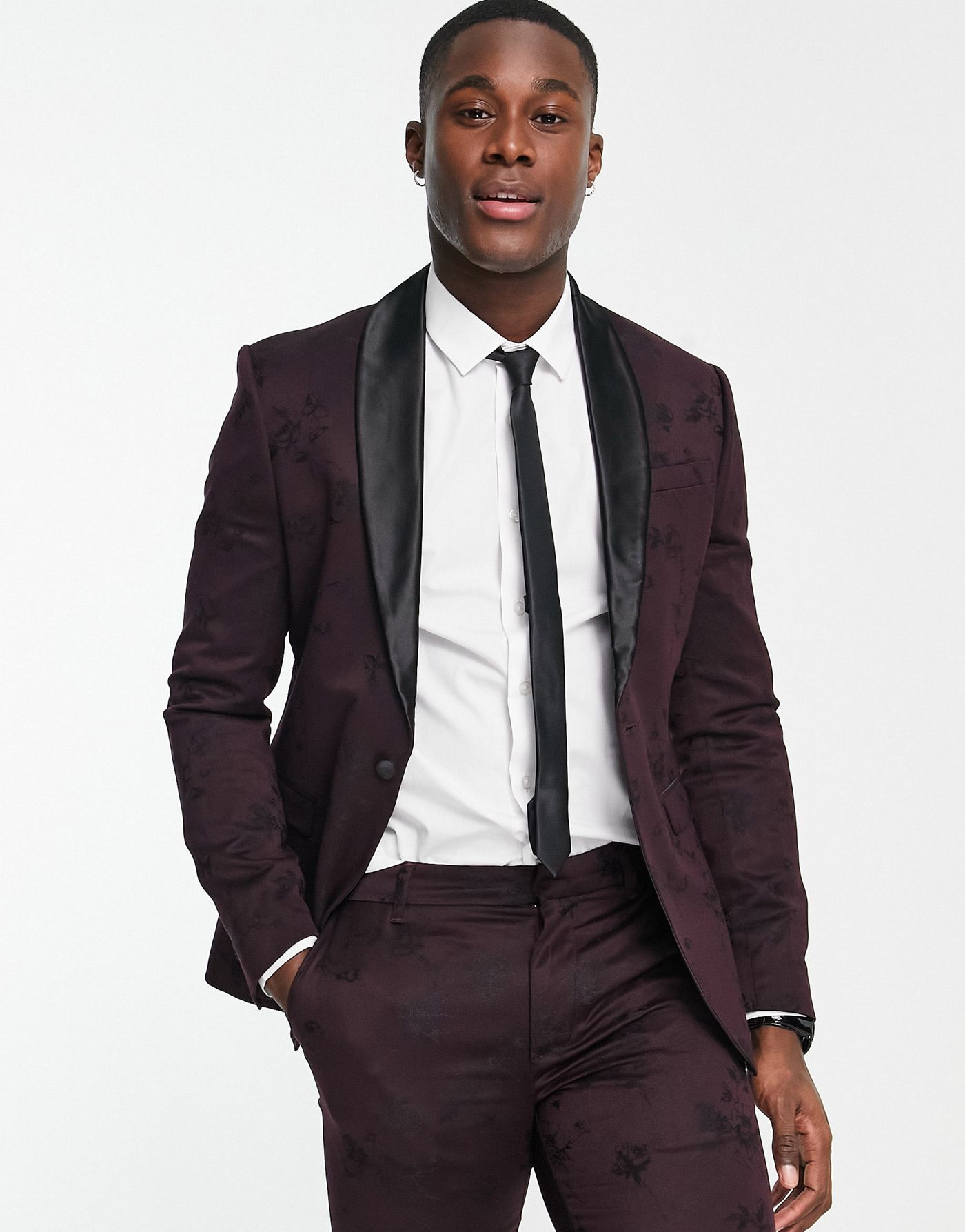New Look skinny suit jacket in burgundy jacquard