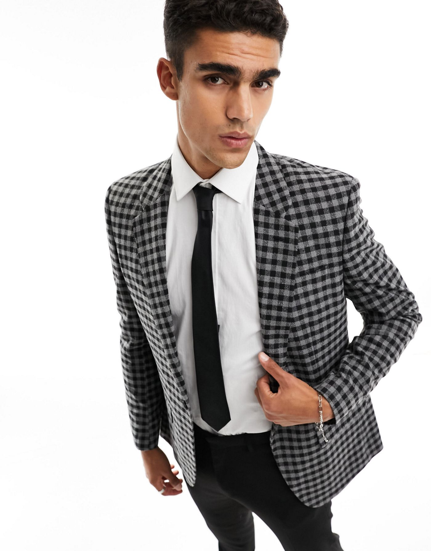 River Island boucle check slim suit jacket in grey marl