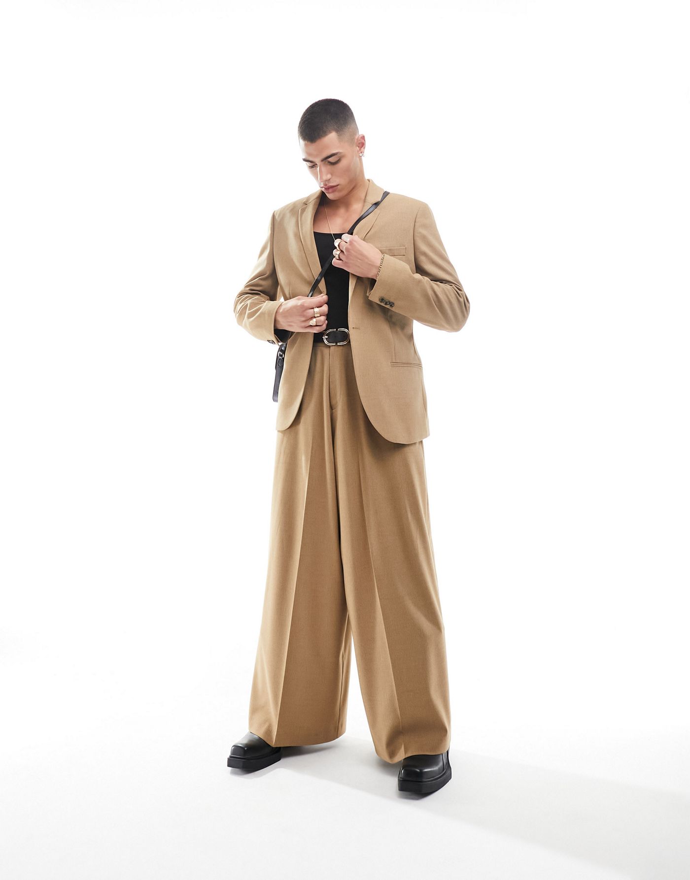 ASOS DESIGN skinny suit jacket in camel in micro texture