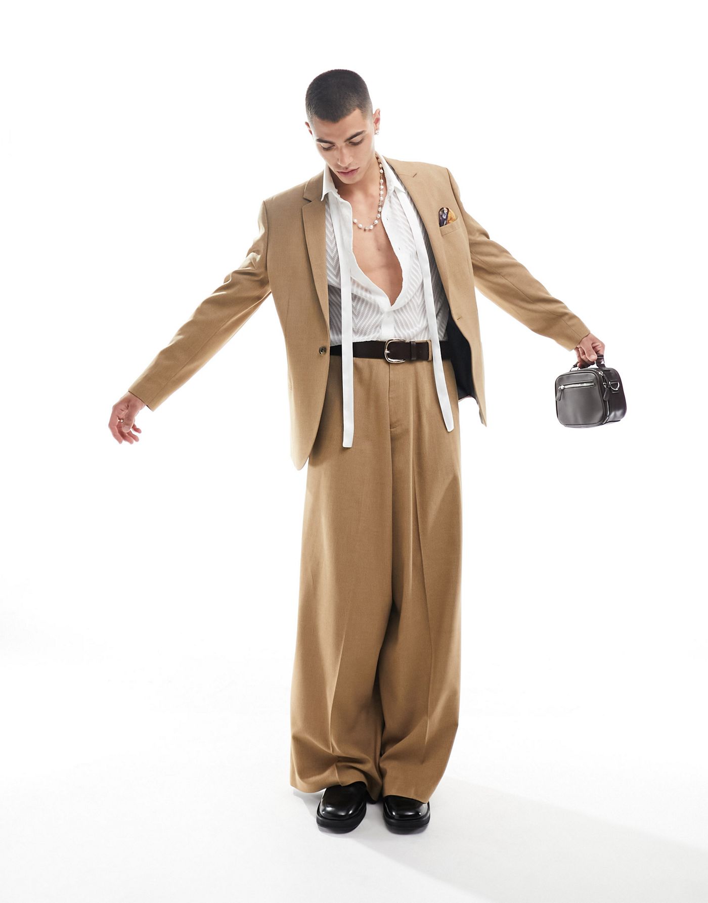 ASOS DESIGN skinny suit jacket in camel in micro texture