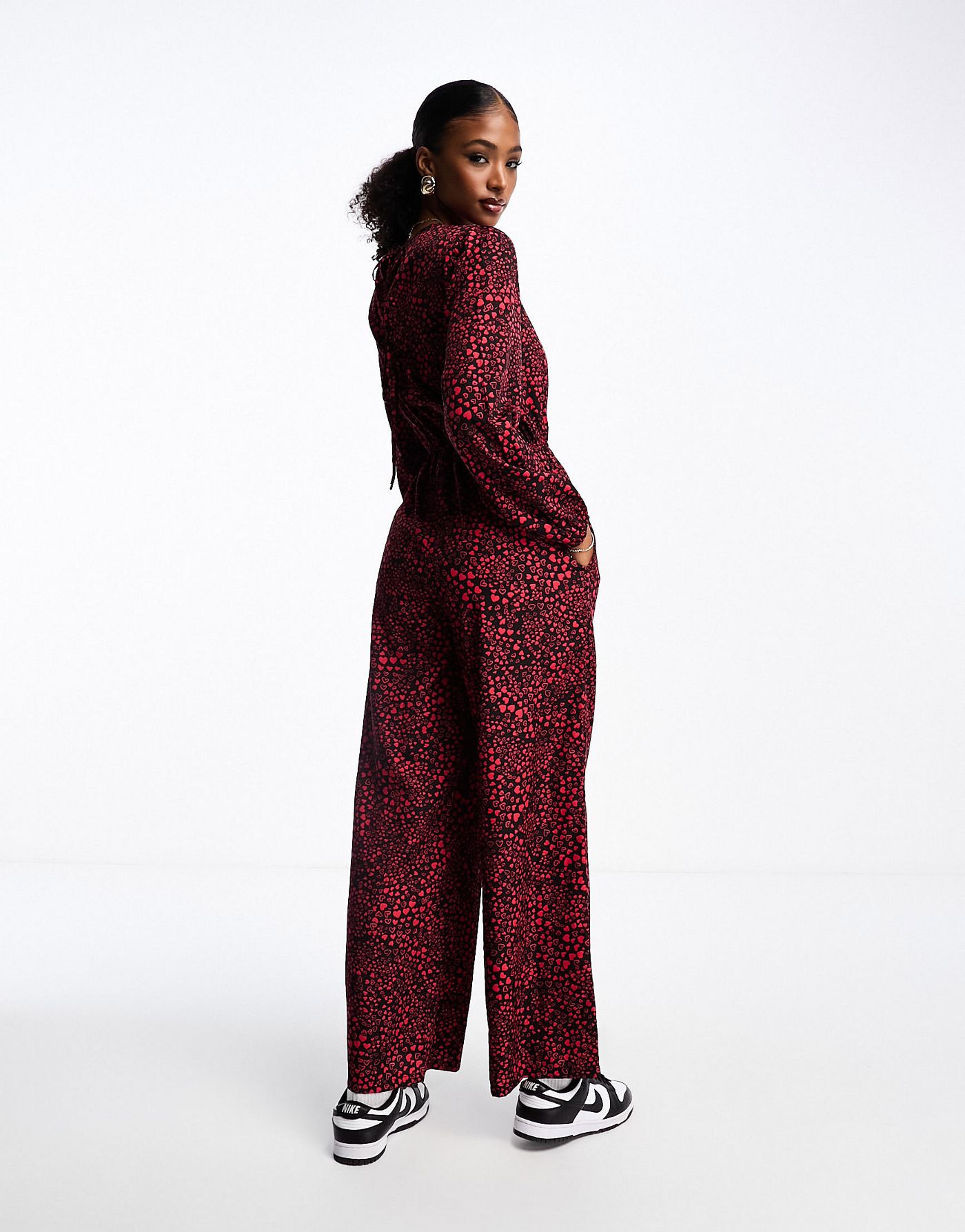 Wednesday's Girl heart print tie-back detail puff sleeve jumpsuit in red and black
