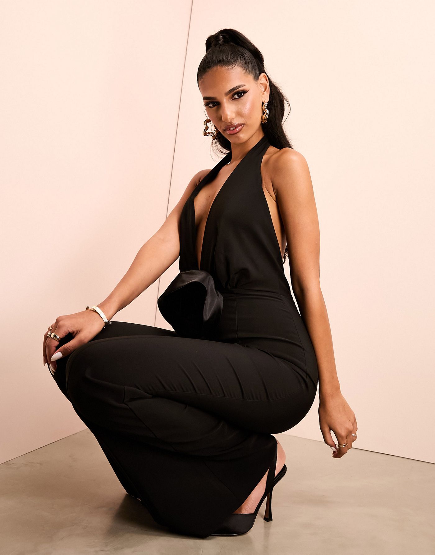 ASOS LUXE plunge corsage kickflare jumpsuit in black