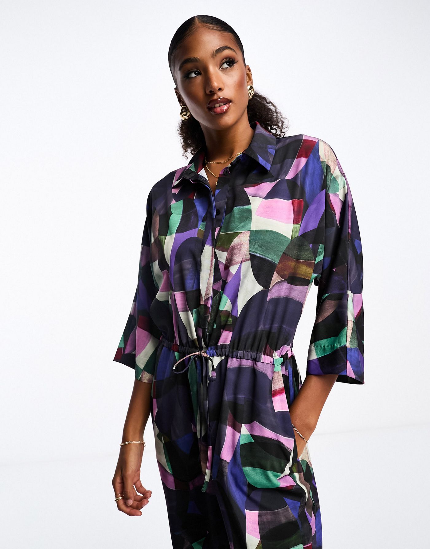 Monki long sleeve jumpsuit with collar in abstract print