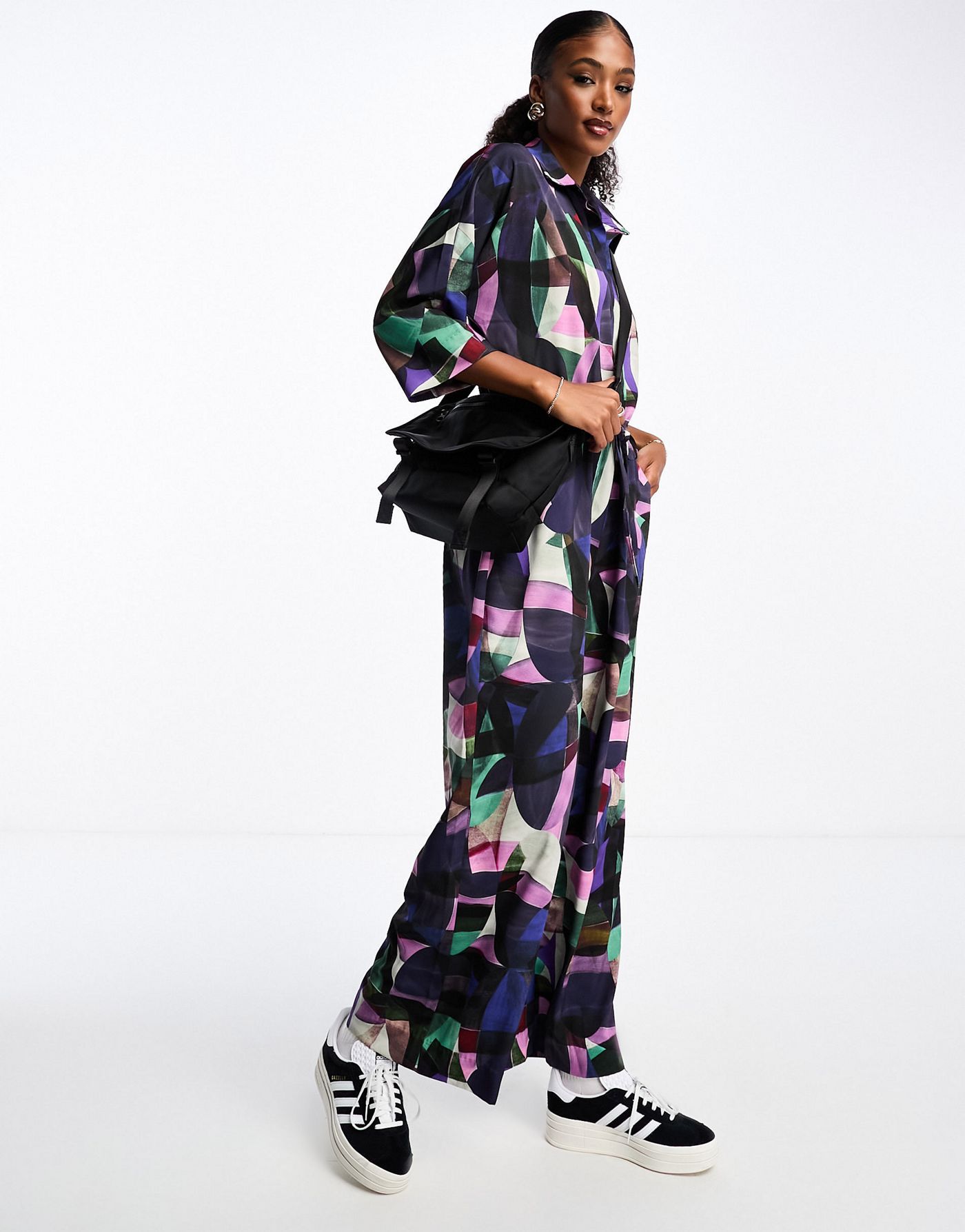Monki long sleeve jumpsuit with collar in abstract print