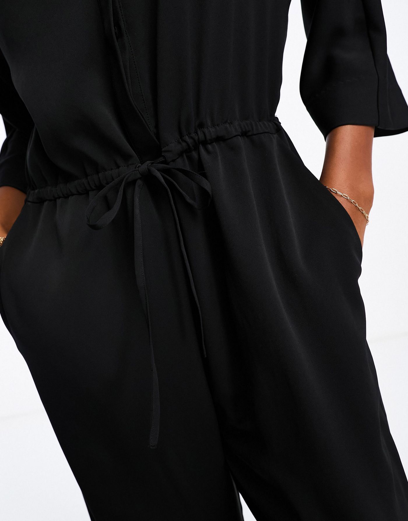 Monki long sleeve jumpsuit with collar in black