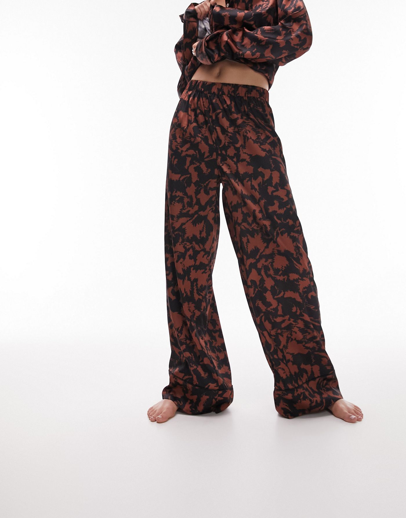 Topshop Tall satin abstract print piped shirt and trouser pyjama set in chocolate 