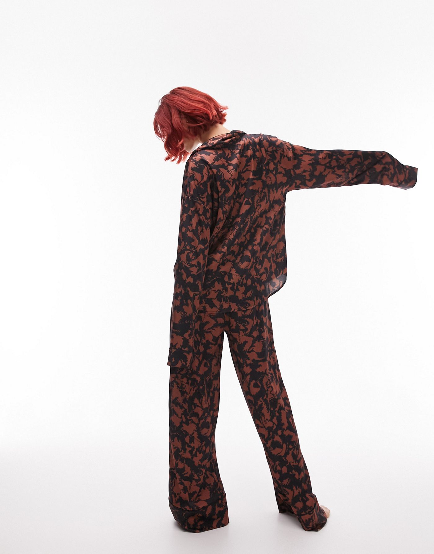 Topshop Tall satin abstract print piped shirt and trouser pyjama set in chocolate 