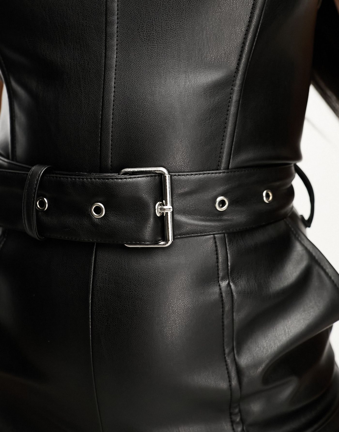 Miss Selfridge faux leather bandeau belted jumpsuit in black
