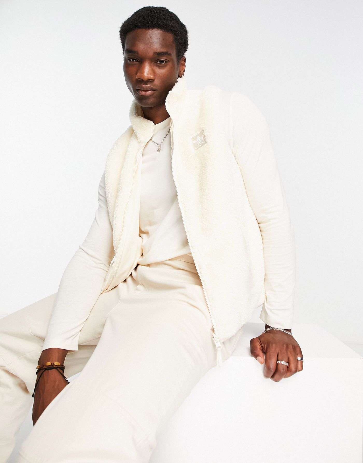 adidas originals Essentials+ polyester fluffy full zip gilet in wonder white - IVORY
