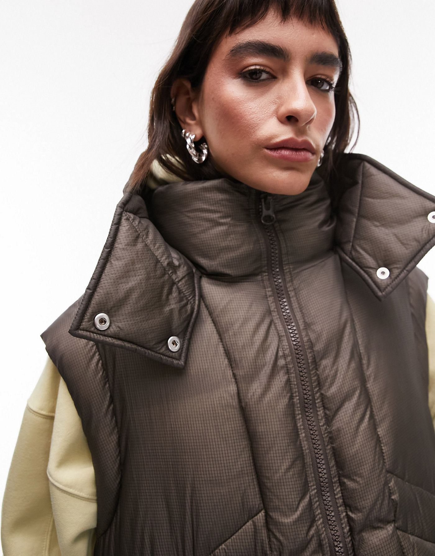 Topshop oversized hooded puffer gilet with seam details  in chocolate