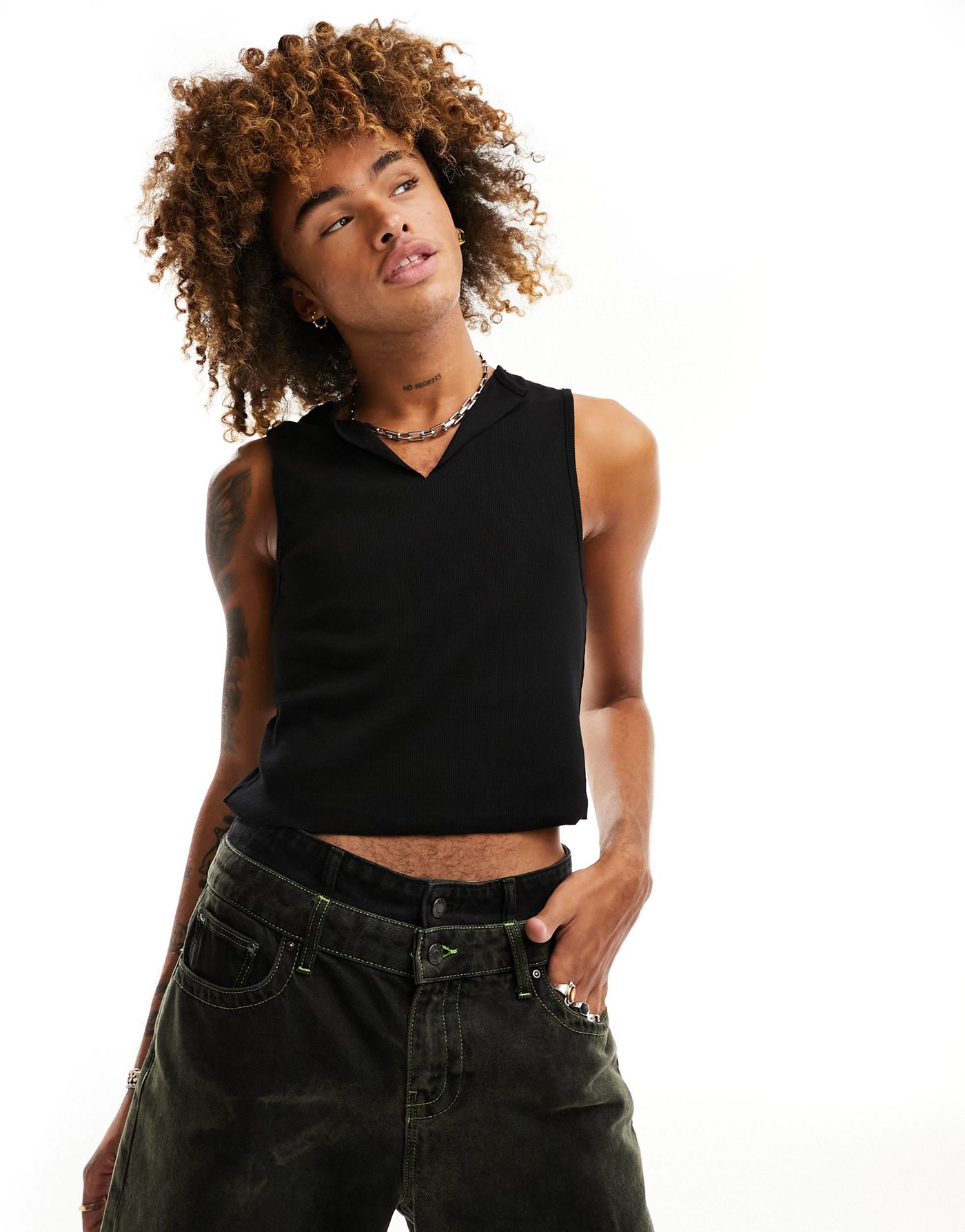 COLLUSION notch neck cropped vest in black