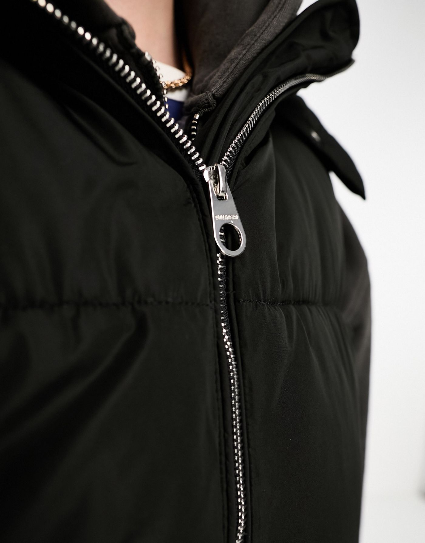 Pull&Bear longline padded gilet with hood in black