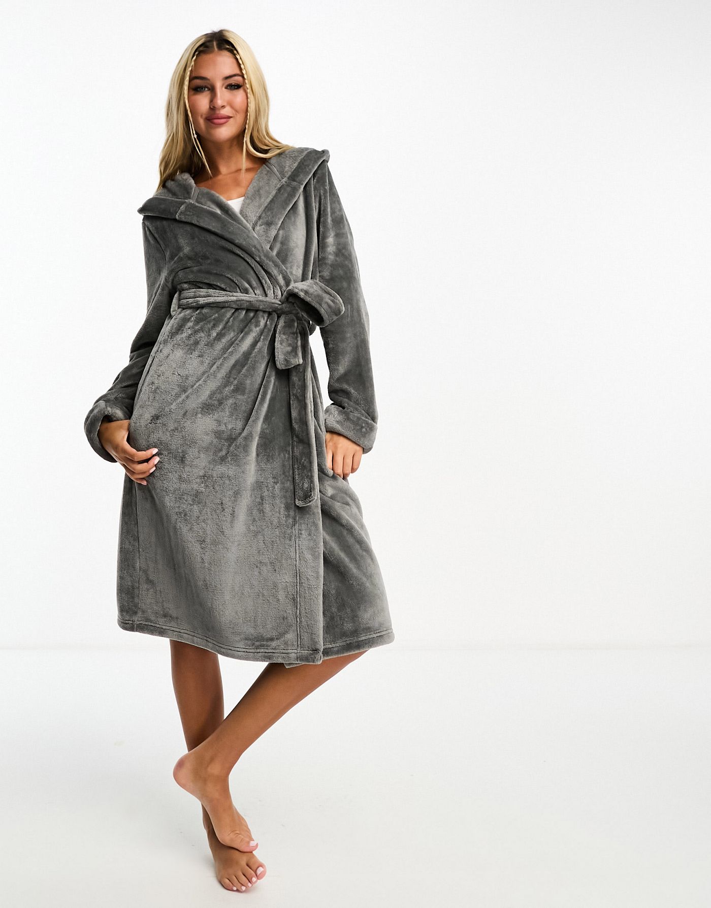 ASOS DESIGN super soft fleece midi robe in dark grey