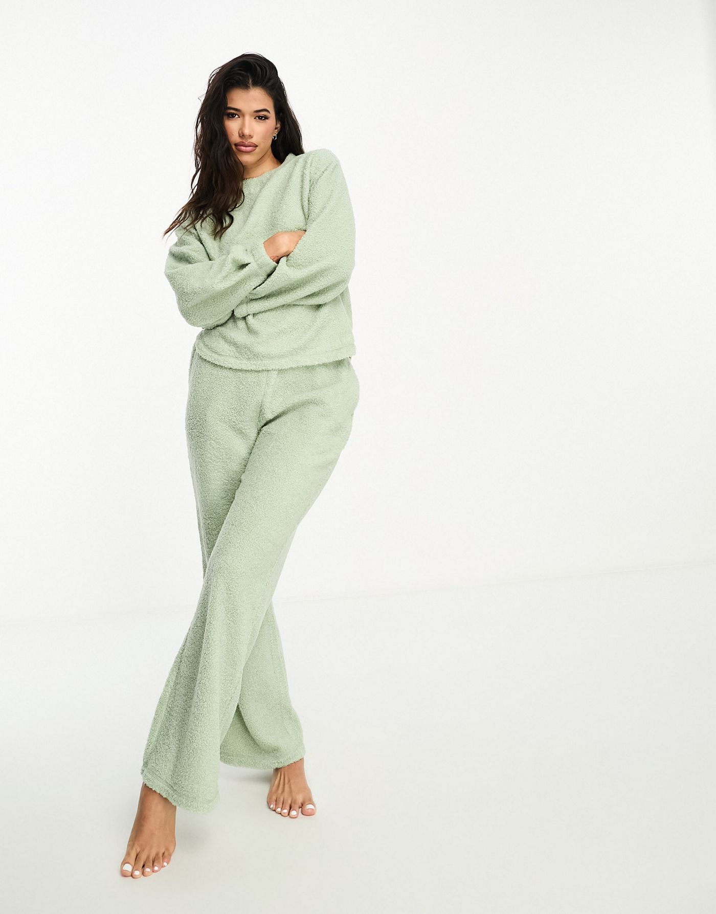 ASOS DESIGN lounge borg sweat & wide leg trouser set in sage 