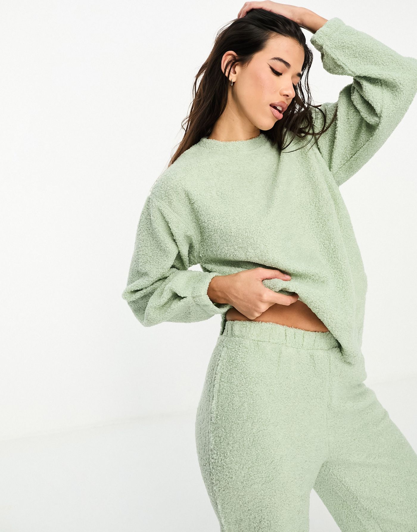 ASOS DESIGN lounge borg sweat & wide leg trouser set in sage 