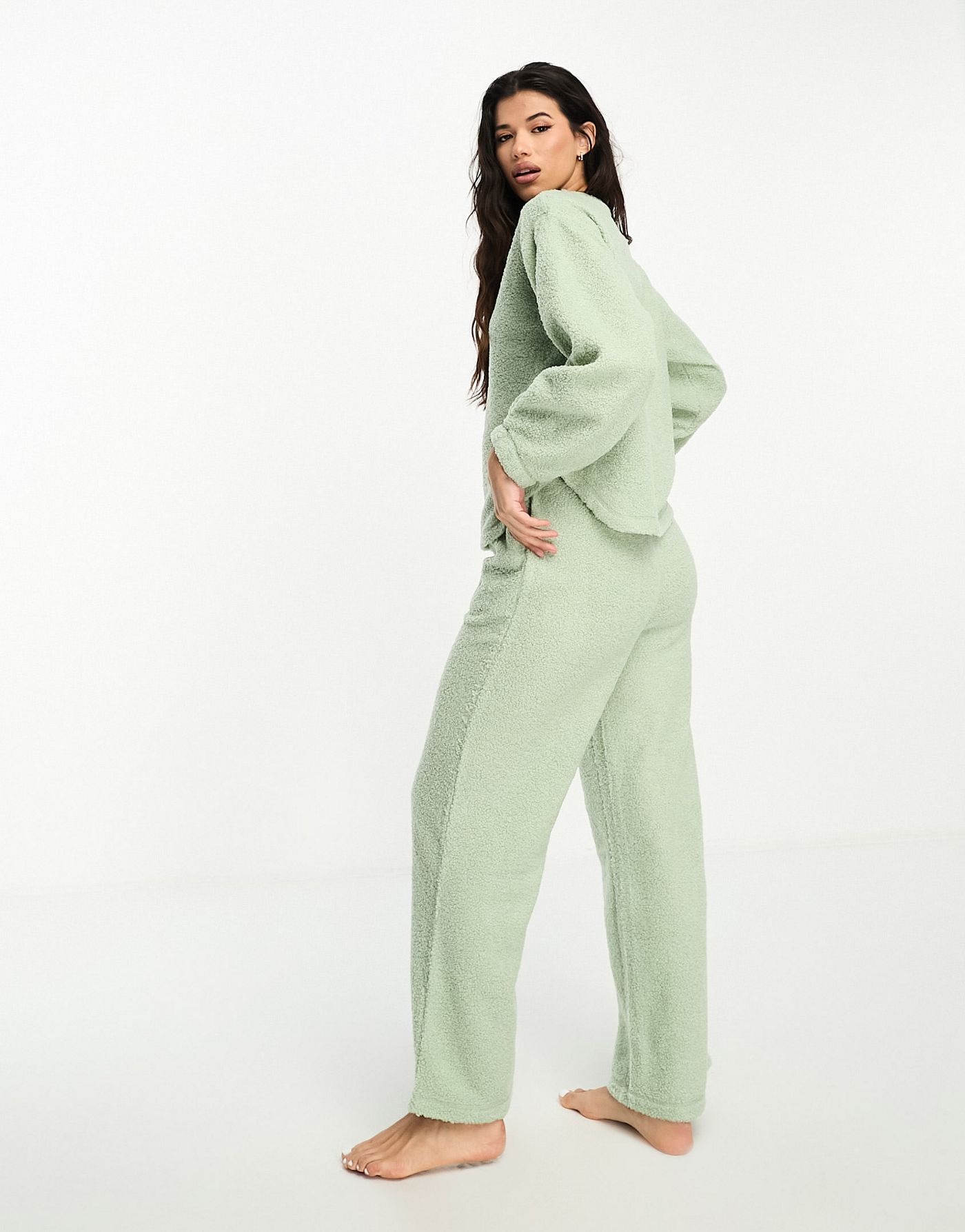 ASOS DESIGN lounge borg sweat & wide leg trouser set in sage 