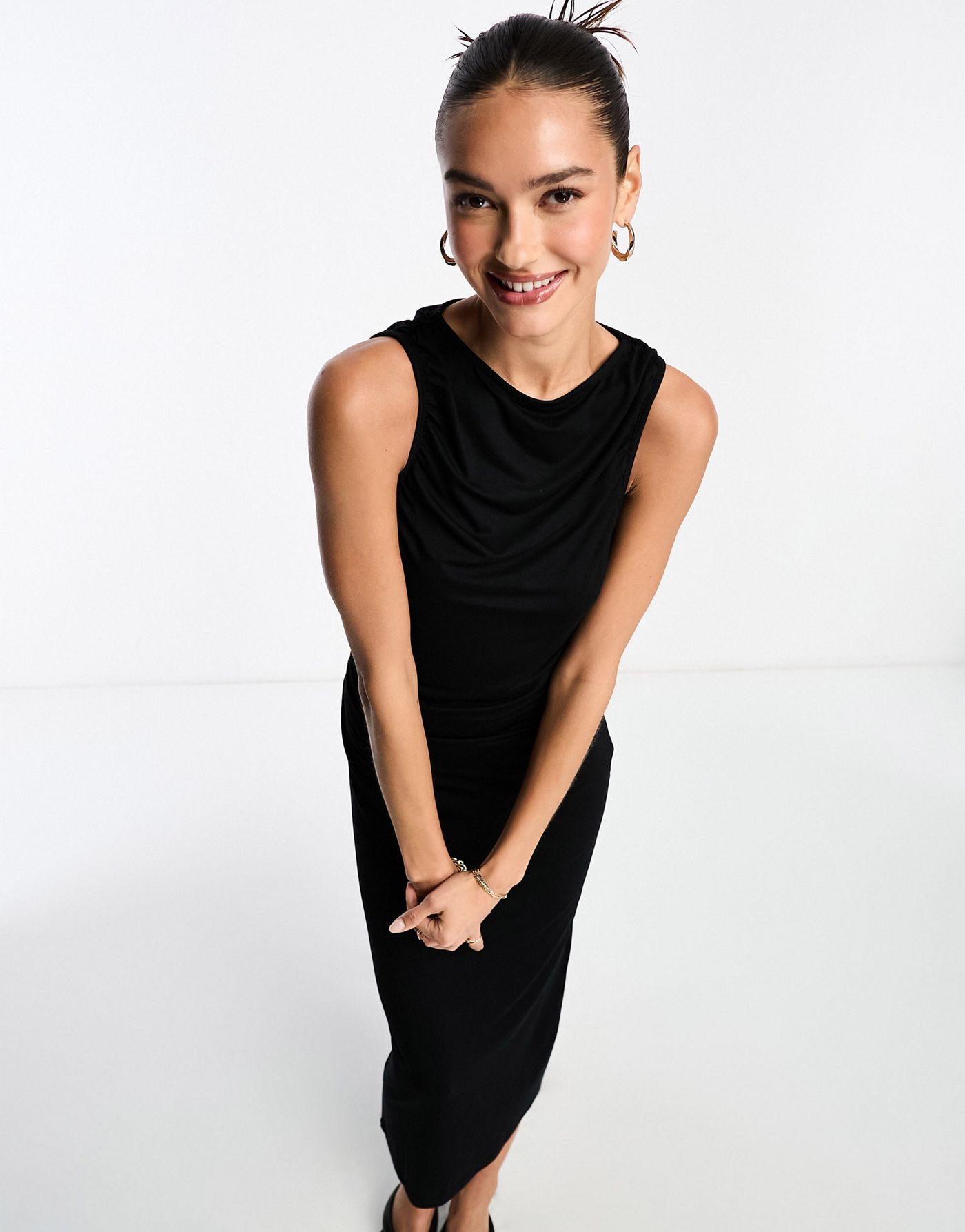 NA-KD slash neck midi dress in  black