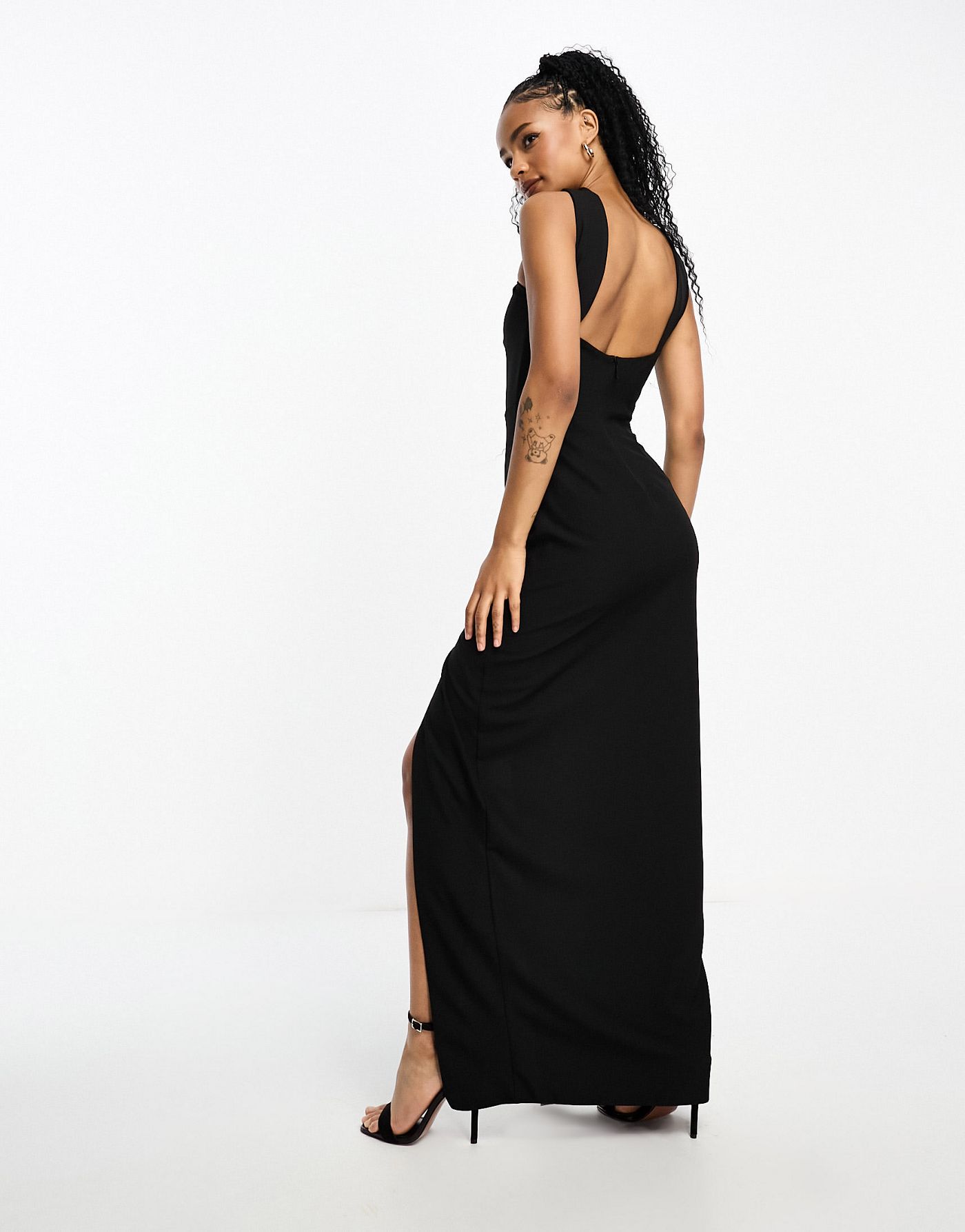 Vesper Petite twist front halter neck maxi dress with thigh split in black