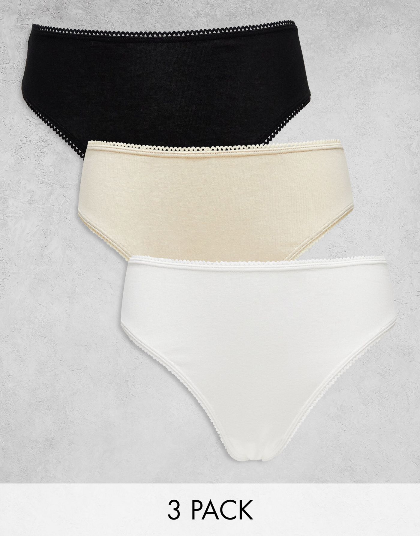 Monki 3 pack briefs in black, white and beige